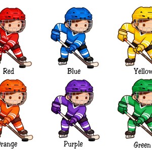 May include: Six cartoon hockey players in various colors: red, blue, yellow, orange, purple, and green. Each figure is wearing a matching helmet and uniform, holding a hockey stick, and ready to play. The name "Jack" is on the red player's jersey.