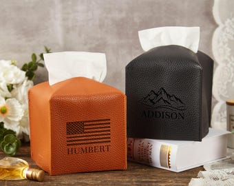 Personalisierte Taschentücher Box, Leder gravierte Taschentücherbox, quadratische Taschentücherbox mit Namen, Taschentücherhalter, Housewarming Geschenk, Geschenk für die Familie