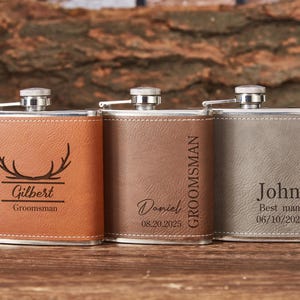 Frasco de cuero personalizado de 170 ml, frasco grabado para padrinos de boda, frasco de cuero con nombre, regalos para padrinos de boda, frasco de cuero para hombres