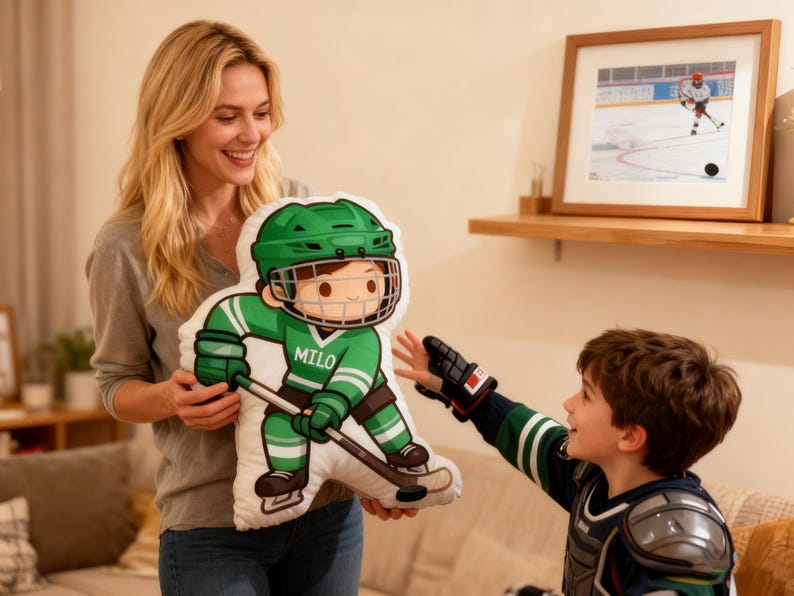 May include: A green and white hockey player pillow with the name "Milo" on the jersey. The pillow is held by a person, and a child reaches for it. A framed picture of a hockey game is on the wall.