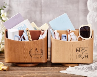 Personalized Remote Control Caddy,Custom Leather Desk Organizer,Phone Holder,Tablet Storage,Makeup Storage Organizer Rotatable,Gift for Dad