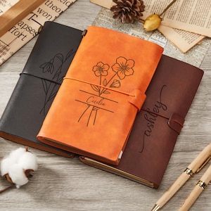 Personalized Leather Journal,Engraved Birth Flower Notebook,Travel Journal with Name,Pattern Leather Notebook,Birthday Gift,Gift for Her