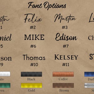 May include: A chart with 12 different font styles for names, numbered 1 through 12. The names are Justin, Felix, Martin, Leroy, Daniel, MIKE, Edison, Charlie, Benson, Thomas, KELSEY, and STEVE. Below the names are color swatches for white, black, coffee, dark blue, green, gold, brown, and silver.