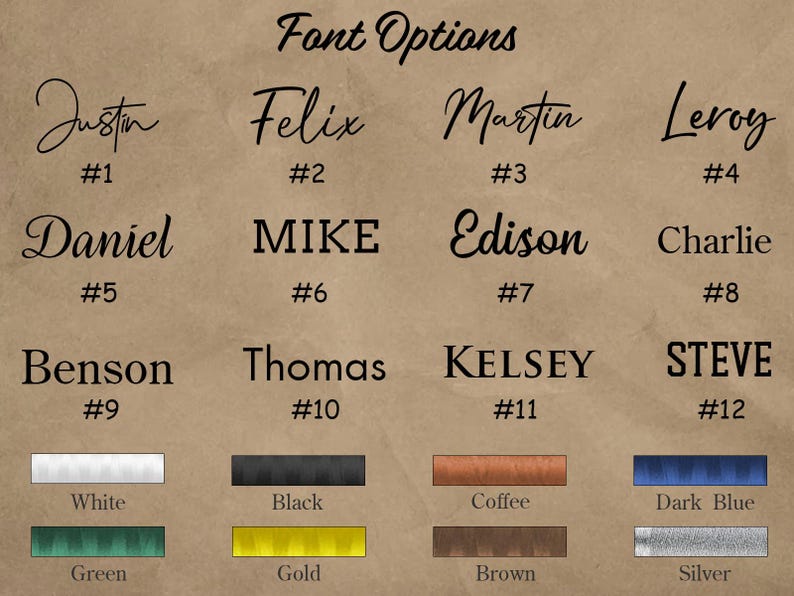 May include: A chart with 12 different font styles for names, numbered 1 through 12. The names are Justin, Felix, Martin, Leroy, Daniel, MIKE, Edison, Charlie, Benson, Thomas, KELSEY, and STEVE. Below the names are color swatches for white, black, coffee, dark blue, green, gold, brown, and silver.