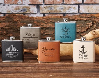 Personalized Engraved Leather Flask,6oz Flask with Name,Custom Hip Flask,Wedding Flask,Groomsmen Gifts,Anniversary Gift,Gifts for Men