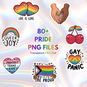 Może przedstawiać: Kolekcja cyfrowych naklejek z motywami pride, w tym tęczowe serca, kwiatowe serce trzymane przez dwie dłonie, tęcza, wiśnie z tęczowymi liśćmi i flagi. Tekst zawiera "LOVE IS LOVE", "QUEER JOY", "80+ PRIDE PNG FILES", "PROTECT TRANS KIDS", "GAY PANIC" oraz "BE PROUD".
