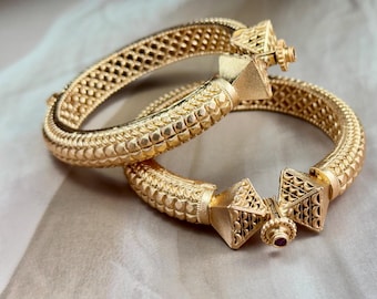 Temple-Inspired Cone Clasp Kada in Antique Matte Gold - Traditional Rajwadi kada with unique pyramid clasps and embossed detailing.