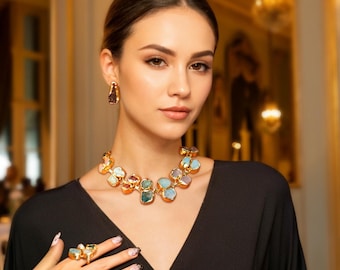 Golden Bloom Raw Stone Statement Set – 18K Gold-Plated jewellery Set.