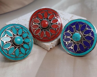 Large Ethnic Adjustable Tibetan Silver Rings, Turquoise, Coral & Lapis Inlay Rings.