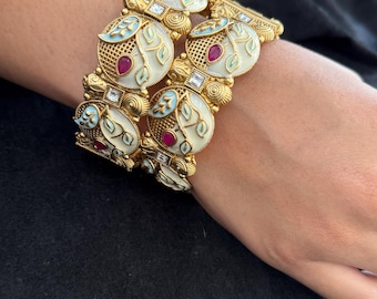 Ivory Enamel Leaf Kada - Hand-painted bridal kada with ivory enamel leaves, ruby stones, & antique gold finish- openable Rajwadi style.
