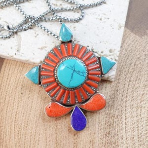 Very large traditional Tibetan pendant-Natural Coral Turquoise Jewellery-Natural Stones.
