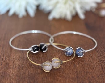 Gem Duo Adjustable Wire Bangles - Delicate wire bangles with paired gemstones—ethereal and stackable.