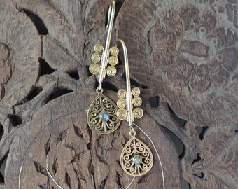 Temple Bloom Filigree Drops- Mandala-Inspired Brass Earrings with Spiral & Gem Detailing.