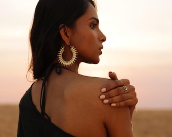 Soleil Mandala Brass Hoops – Ethnic Boho Statement Earrings.