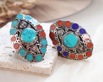 Large Ethnic Adjustable Tibetan Silver Rings, Turquoise, Coral & Lapis Inlay Rings.