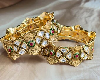 Polki Studded Vintage Rajwadi Kada with Kundan Accents - Elegant handcrafted kada with large polki stones and colorful kundan-style borders.