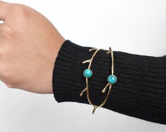 Turquoise Twig Open Brass Bangle - Nature-inspired twig bangle with turquoise stones—bold and earthy.