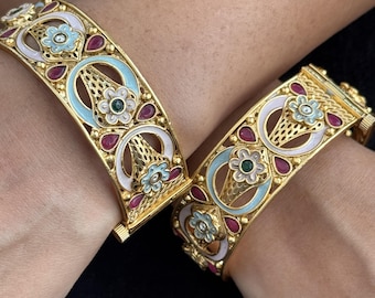 Pastel Floral Arch Kada - Unique pastel-toned openable kada with floral enamel work and teardrop rubies in oval layout.