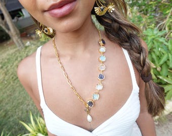 Handcrafted 18K Gold-Plated Asymmetrical Necklace Featuring Raw-Cut Gemstones with Teardrop Pendant – Bohemian Luxe Statement Jewellery.