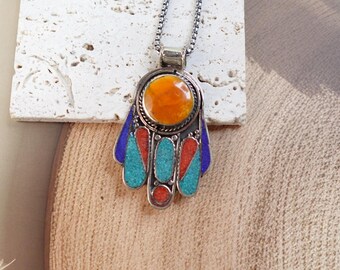 Hamsa Pendant, Tibetan Nepal, Amber, Lapis, Turquoise, Coral Stone Pendant, Fatima Hands hand of Fatima.