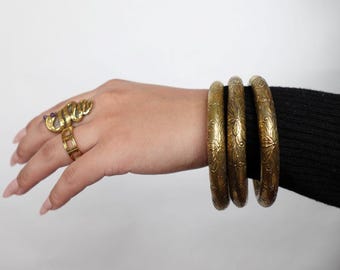 Etched Tribal Boho Brass Bangles - Thick, engraved bangles in oxidized brass for a rich, rustic bohemian look.