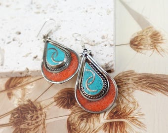 Tibetan Earrings, Turquoise and Coral Boho Earrings.