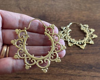 Sunburst Scroll Hoops - Mandala Brass Earrings with Ethnic Scallop Detailing.