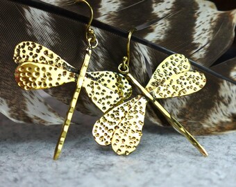 Textured Brass Dragonfly Earrings - Nature-inspired dangle earrings with hammered dragonfly motifs in antique brass.