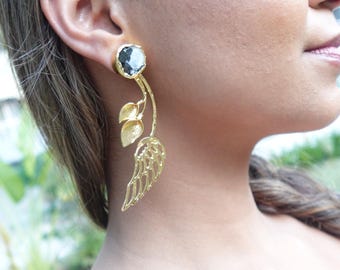 Natural Stone Earrings, Gold-plated earrings, Gold Leaf and Wing Statement Earrings.