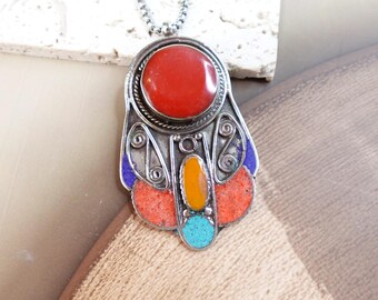 Hamsa Pendant, Tibetan Nepal, Amber, Lapis, Turquoise, Coral Stone Pendant, Fatima Hands hand of Fatima.