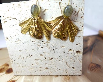 Textured Gold Bloom Earrings with Moonstone/Labradorite Tops – Brass Boho Statement.