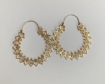 Sunray Mandala Brass Hoops – Bold Bohemian Circle Earrings.