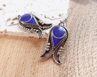 Tibetan Earrings, Lapis Lazuli Stone Boho Earrings.