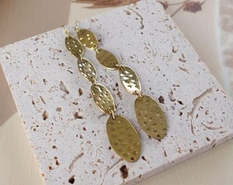 Solar Beam Oval Drops - Hammered Brass Earrings with Layered Oval Discs.