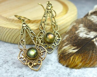 Mandala Brass Earrings with Gemstone Drop - Elegant boho-style brass earrings with intricate mandala cutwork and a central gemstone.