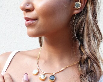 Raw Stone Minimalist Hook Earrings – 18K Gold Plated.