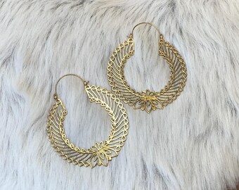 Golden Lotus Filigree Hoops - Intricate Mandala-Inspired Brass Statement Earrings.