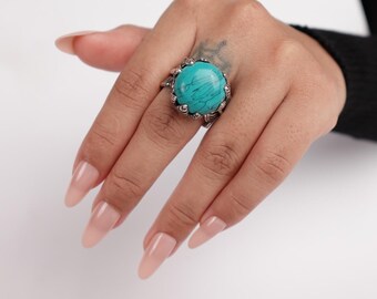 Large Stone Rings, Turquoise Wide Sliver Band Rings, Labradorite Wide Brass Band Rings.