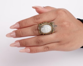 Large Moonstone Rings, Brass Rings, Large Boho Rings.
