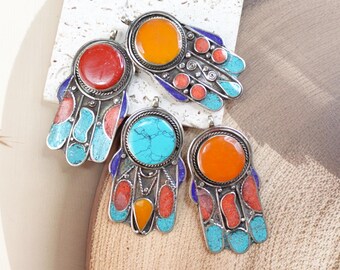 Hamsa Pendant, Tibetan Nepal, Amber, Lapis, Turquoise, Coral Stone Pendant, Fatima Hands hand of Fatima.