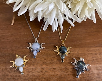 Gold/Sliver Triple Goddess Pendant with Labradorite/Moonstone – Brass Pendant
