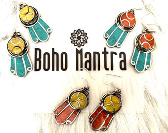 Ethnic Earrings-Nepal Tibet-Natural Stone Jewellery-Silver Stone Earrings.