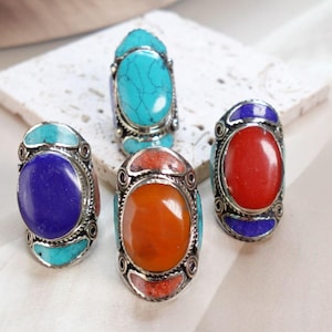 Large Ethnic Tibetan Silver Rings, Turquoise, Coral & Lapis Inlay Rings.