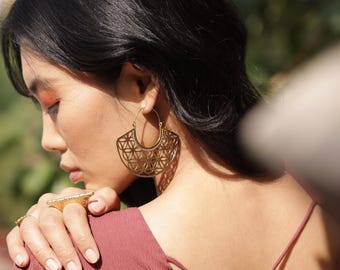 Geometric Petal Hoops – Brass Cutwork Mandala Earrings.
