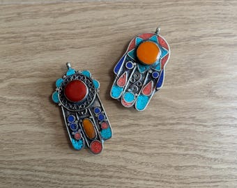 Large Hamsa Pendant, Tibetan Nepal, Amber, Lapis, Turquoise, Coral Stone Pendant, Fatima Hands hand of Fatima.