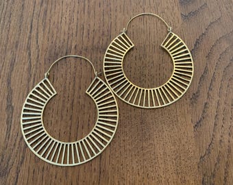 Sundial Line Hoops - Structured Brass Hoop Earrings with Sunray Cut Design.