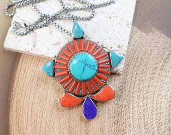 Very large traditional Tibetan pendant-Natural Coral Turquoise Jewellery-Natural Stones.