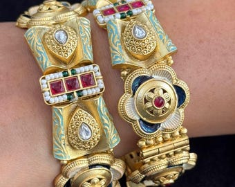 Rajwadi Bridal Kada - Handcrafted gold-polished kada with intricate enamel work and embedded polki and ruby stones.
