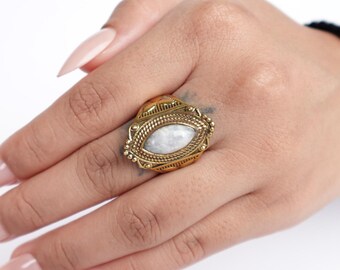 Large Moonstone Rings, Brass Rings, Large Boho Rings.