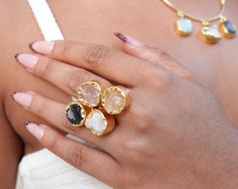 Bold Harmony Natural Stone Cluster Rings – Handcrafted 18K Gold-Plated Brass Statement Jewelry.
